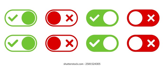 On and Off toggle switch button icons set. Setting control toggle ON OFF, switch buttons. 