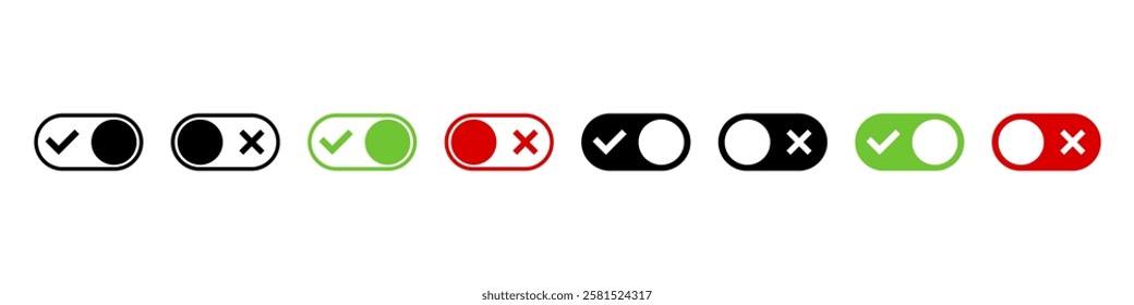 On and Off toggle switch button icons set. Setting control toggle ON OFF, switch buttons. 