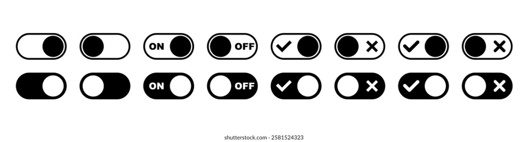 On and Off toggle switch button icons set. Setting control toggle ON OFF, switch buttons. 