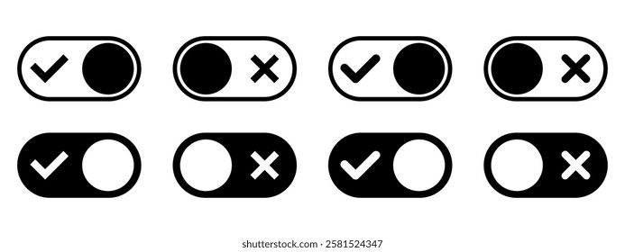 On and Off toggle switch button icons set. Setting control toggle ON OFF, switch buttons. 