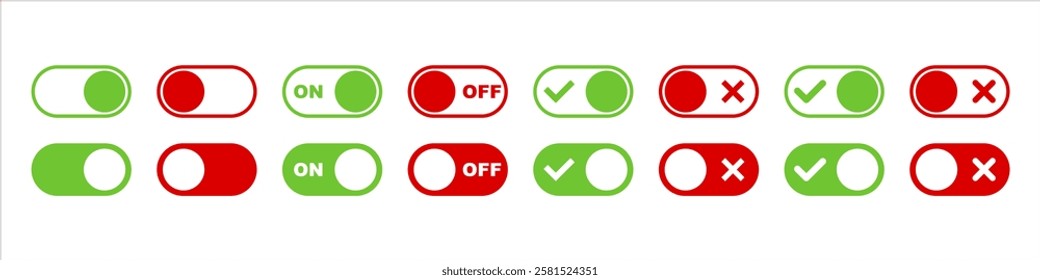 On and Off toggle switch button icons set. Setting control toggle ON OFF, switch buttons. 