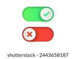 On Off toggle switch buttons, checkmark icons yes or no with switch slider in modern toggle, green tick and red cross symbols for user interface, apps and website