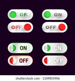 On and Off toggle switch buttons set on on dark background for web, mobile app, logo, infographics, game interface, ui, graphic design, GUI asset