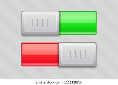 On and Off toggle switch buttons. Red and green 3d icons. Vector illustration