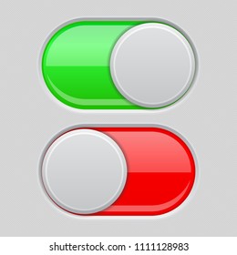 On and Off toggle switch buttons. Red and green 3d icons. Vector illustration