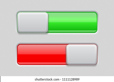 On and Off toggle switch buttons. Red and green 3d icons. Vector illustration