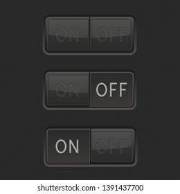 On and Off toggle switch buttons. Black interface icons. Vector 3d illustration