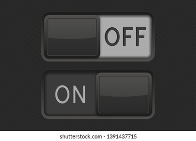 On and Off toggle switch buttons. Black interface icons. Vector 3d illustration