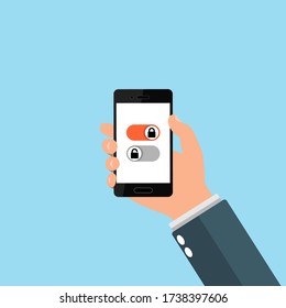 On and Off toggle switch buttons on smartphone. Lock and unlock icon on mobile screen. Padlock