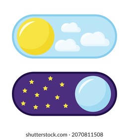 On and Off toggle switch buttons. Light and Dark Buttons. Day night switch. Gadget interface switch to Day and Night mode for Mobile App, Web Design, Animation. Day and Night Mode. Dark mode switch