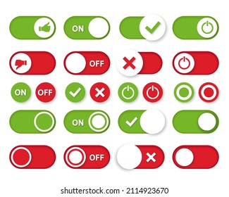 On and Off toggle switch buttons set. Slider interface green and red power icons. Toggle slide for web, mobile up interface. Vector illustration.