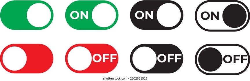 On and Off toggle switch buttons. Switch toggle buttons ON OFF. Material design switch buttons set. Vector illustration.
