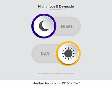 On and off toggle switch buttons. Light and Dark mode buttons. Day and night mode switch buttons for mobile app, web design, animation.
