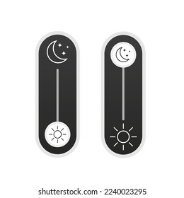 On and Off toggle switch buttons. Light and Dark Buttons. Day night switch. Gadget interface switch to Day and Night mode for Mobile App, Web Design, Animation. Day and Night Mode. Vector illustration