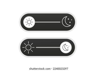 On and Off toggle switch buttons. Light and Dark Buttons. Day night switch. Gadget interface switch to Day and Night mode for Mobile App, Web Design, Animation. Day and Night Mode. Vector illustration