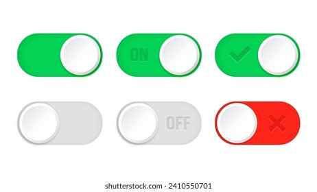 Botones de interruptor de alternancia de encendido y apagado. Abrir y cerrar iconos de botón. Juego de botones de conmutador de interfaz de usuario. Ilustración del vector