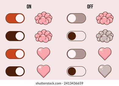 Activar y desactivar los botones del interruptor con el corazón y el cerebro. Estilo de caricatura. Ilustración del vector