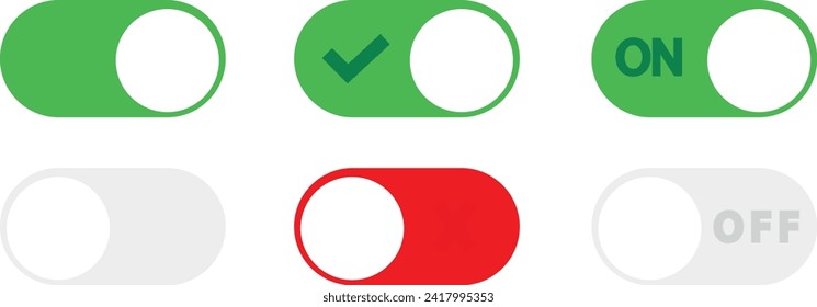 On and off Toggle Switch Buttons with Lettering Modern Devices Interface Mockup or Template, User interface elements for mobile devices in neumorphism style. Power on icons, on transparent background.