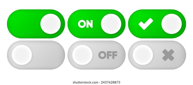 On and Off Toggle Switch Buttons. Modern user interface mockup. Template button in green and grey colors on white background. Vector illustration.