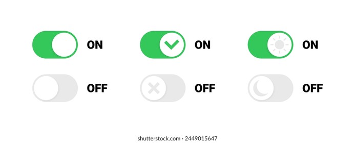 On and Off toggle switch buttons. On and Off icons. Vector icons