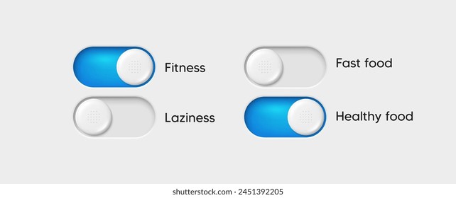 On and Off toggle switch buttons. Slider switch buttons set. Mobile app interface design. Toggle choice blue buttons. Select preferences. Interface with active slide control. Vector illustration