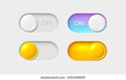 On and Off toggle switch buttons. Slider switch buttons set. Mobile app interface design. Toggle mode gradient and yellow buttons. Interface with active slide control. Vector illustration