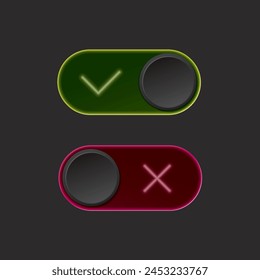 On and Off Toggle Switch Buttons with Check Marks and Glow Modern Devices User Interface Mockup or Template - Green and Red on Black Background - Vector Gradient Graphic Design