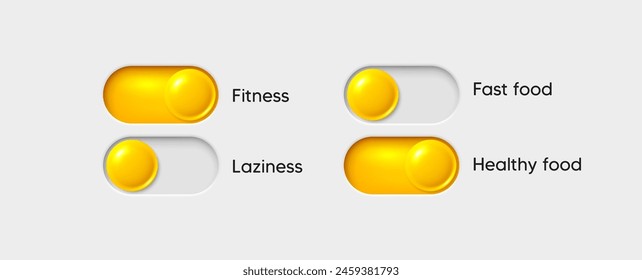 On and Off toggle switch buttons. Slider switch buttons set. Mobile app interface design. Toggle choice yellow buttons. Select preferences. Interface with active slide control. Vector illustration
