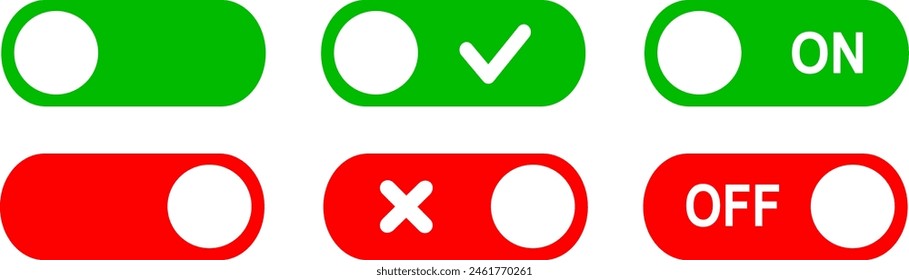 On and Off toggle switch buttons. Switch toggle buttons ON OFF. Material design switch buttons set. Replaceable vector design.