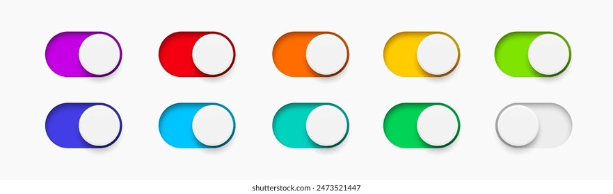 On and Off toggle switch buttons. Material design multicolored switch  buttons set. Vector illustration.