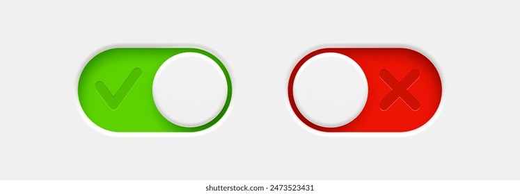 On and Off toggle switch buttons with check mark and cross signs. Material design switch  buttons set. Vector illustration.