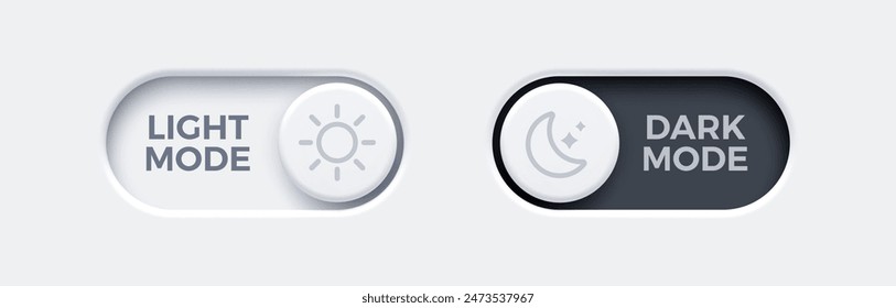 On and Off toggle switch buttons. Day and night mode switch button. Dark mode, light mode. Material design switch buttons set. Vector illustration.