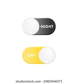 On and Off toggle switch buttons. Day and night mode switch button. Dark mode, light mode. Vector illustration.