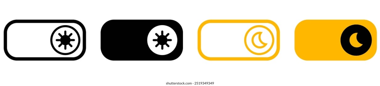 On Off toggle switch buttons. day night switch toggle - dark mode, light mode switch button - sun and moon icons.