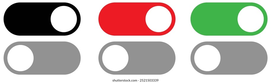 On and Off toggle switch buttons. Switch buttons ON OFF isolated. Modern web and mobile app switch button interface elements.