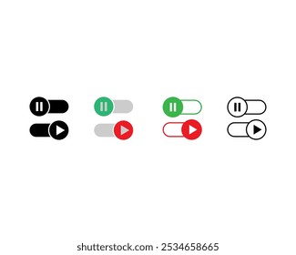 Botões de alternância ativar e desativar. conjunto de ícones reproduzir e pausar