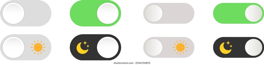 On and Off toggle switch buttons. Day and night mode button. Dark mode, light mode. power On and Off switch icon. Material design switch buttons set. Toggle switch Vector Illustration EPS10.