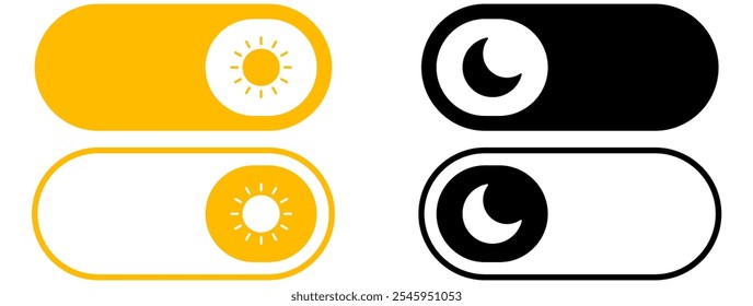 On Off toggle switch buttons. day night switch toggle - dark mode, light mode switch button - sun and moon icons.