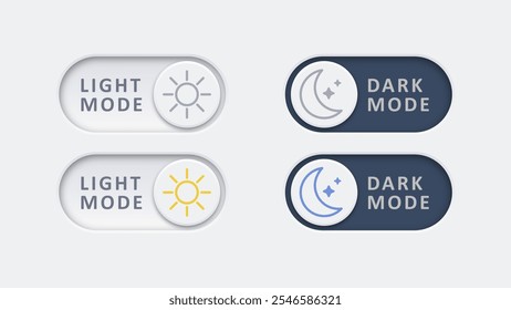 On Off toggle switch buttons. Dark mode, light mode, Day and night mode switch icon button Vector illustration.