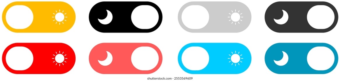 On Off toggle switch buttons. day night switch toggle - dark mode, light mode switch button - sun and moon icons.