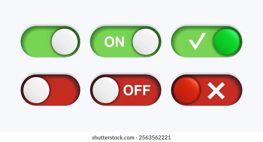 On and Off Toggle Switch Buttons with Lettering, Tick and Cross. Green and Red UI Mockup on White Background. Vector Graphic Design Template