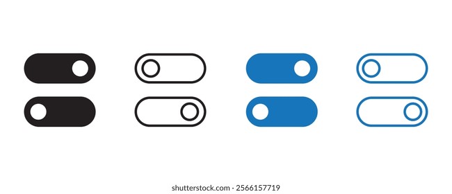 On and Off toggle switch buttons. Power switch icons. Open and close ui icons. Active and Inactive icon. Modern web and mobile app switch button interface elements.