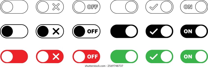 On and Off toggle switch buttons icon set. Switch buttons ON OFF isolated on transparent background. Power on and off slider switch icon. Modern web and mobile app switch button interface elements.