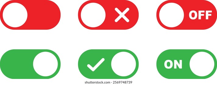 On and Off toggle switch buttons icon set. Switch buttons ON OFF isolated on transparent background. Power on and off slider switch icon. Modern web and mobile app switch button interface elements.