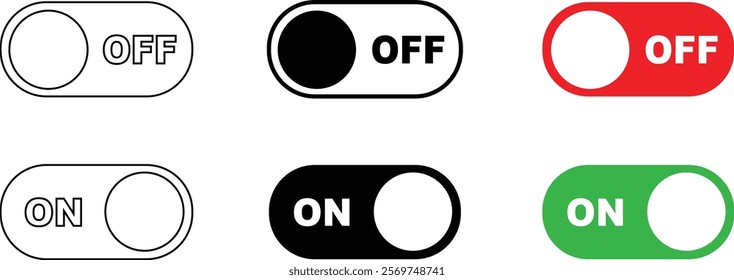 On and Off toggle switch buttons icon set. Switch buttons ON OFF isolated on transparent background. Power on and off slider switch icon. Modern web and mobile app switch button interface elements.