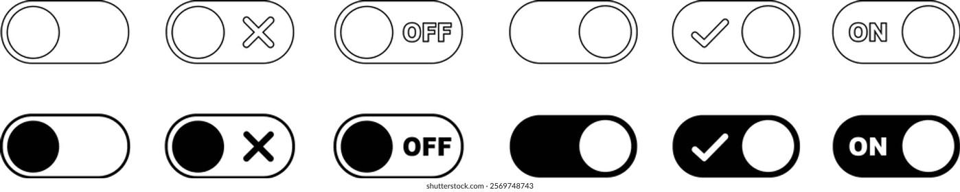 On and Off toggle switch buttons icon set. Switch buttons ON OFF isolated on transparent background. Power on and off slider switch icon. Modern web and mobile app switch button interface elements.