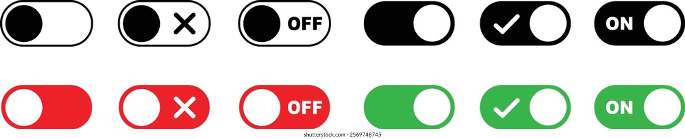 On and Off toggle switch buttons icon set. Switch buttons ON OFF isolated on transparent background. Power on and off slider switch icon. Modern web and mobile app switch button interface elements.