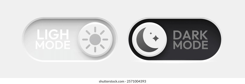 On and Off toggle switch buttons.  Dark mode and light mode. Material design switch set. Day and night mode switch button. Vector illustration.