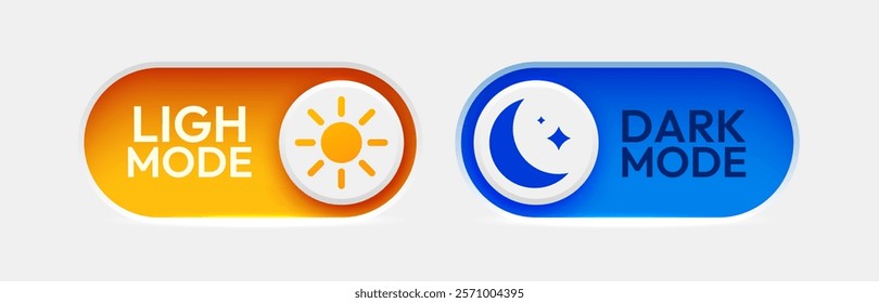 On and Off toggle switch buttons.  Dark mode and light mode. Material design switch set. Day and night mode switch button. Vector illustration.