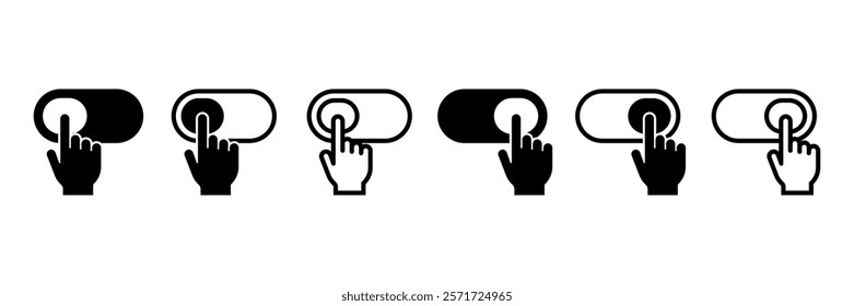 On and Off toggle switch buttons. Finger on switches vector icons. Hand dragging slider. Off and On button.